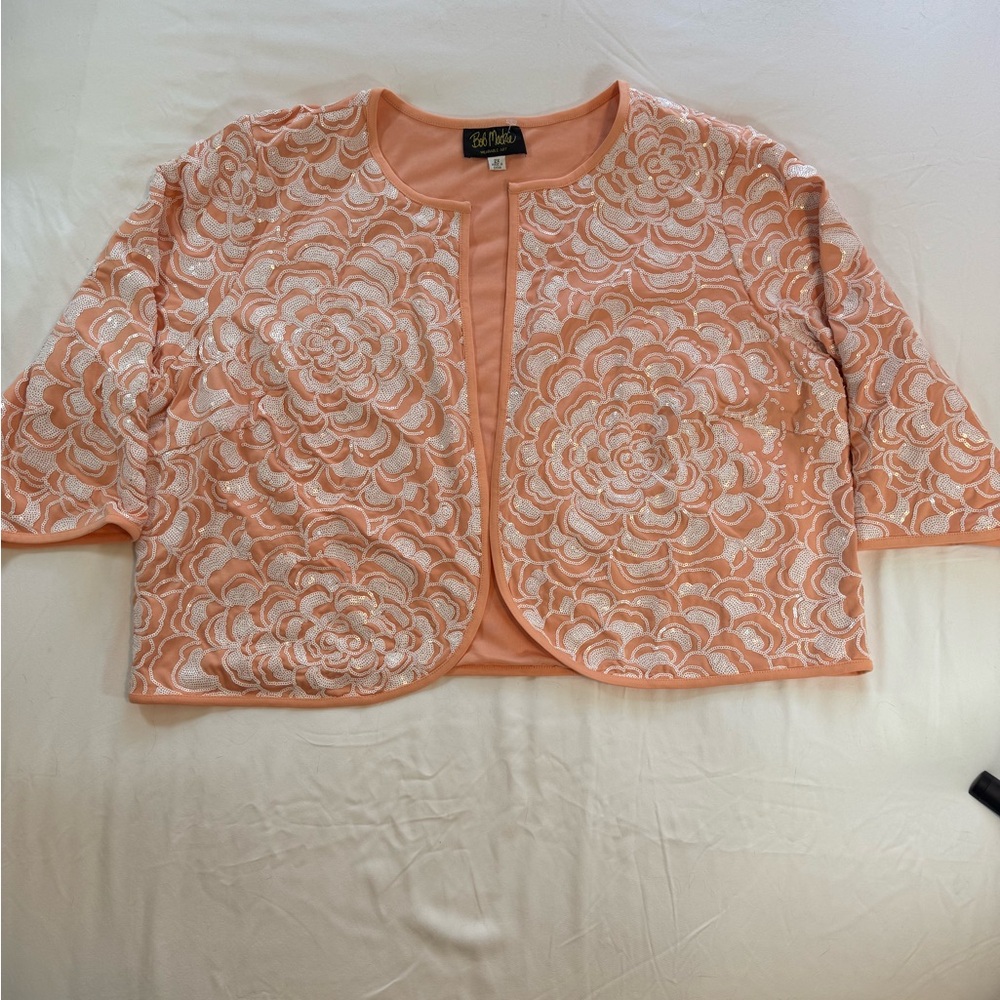 Bob Mackie Coral Lace Sequin Floral Bolero Jacket